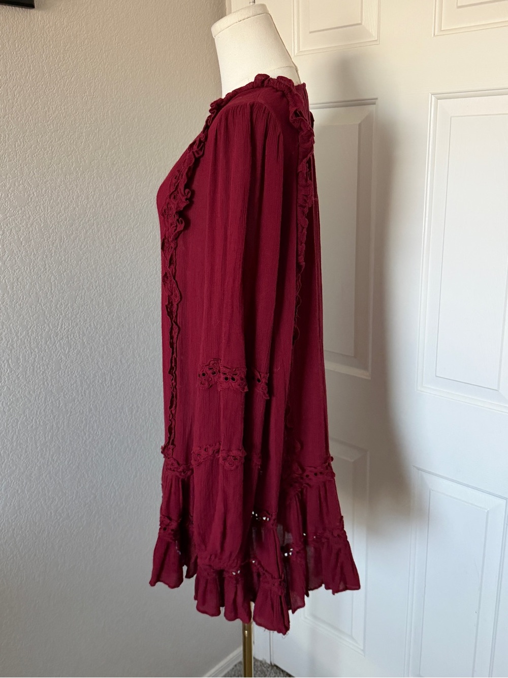 Free People Burgundy Button-Front Ruffle Mini Dress - Picture 4 of 5